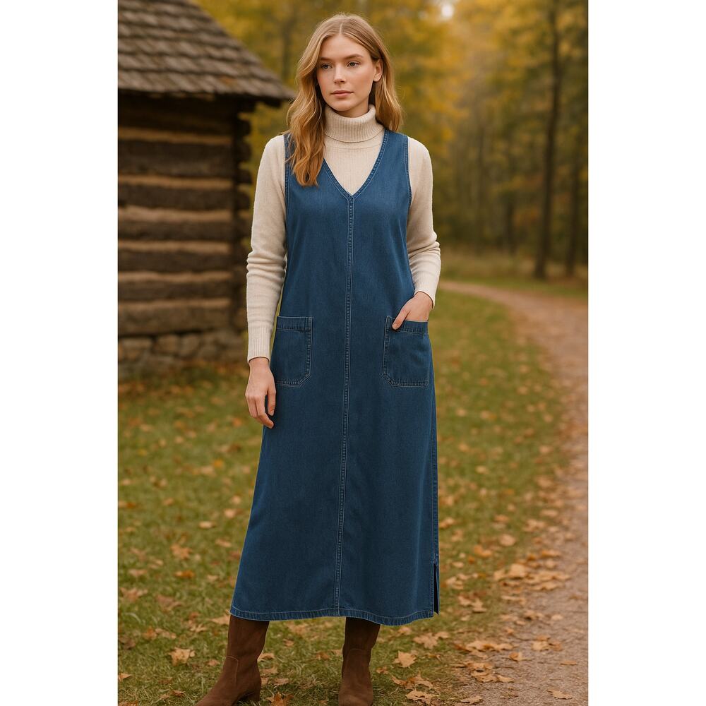 Erika & Co VTG SZ S 100% Cotton V Neck Denim Maxi Tank Dress With Front Pockets - Picture 6 of 6